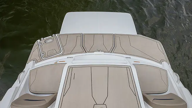 Aerial view of the stern swim platform on a Hurricane SunDeck Sport I/O deck boat.