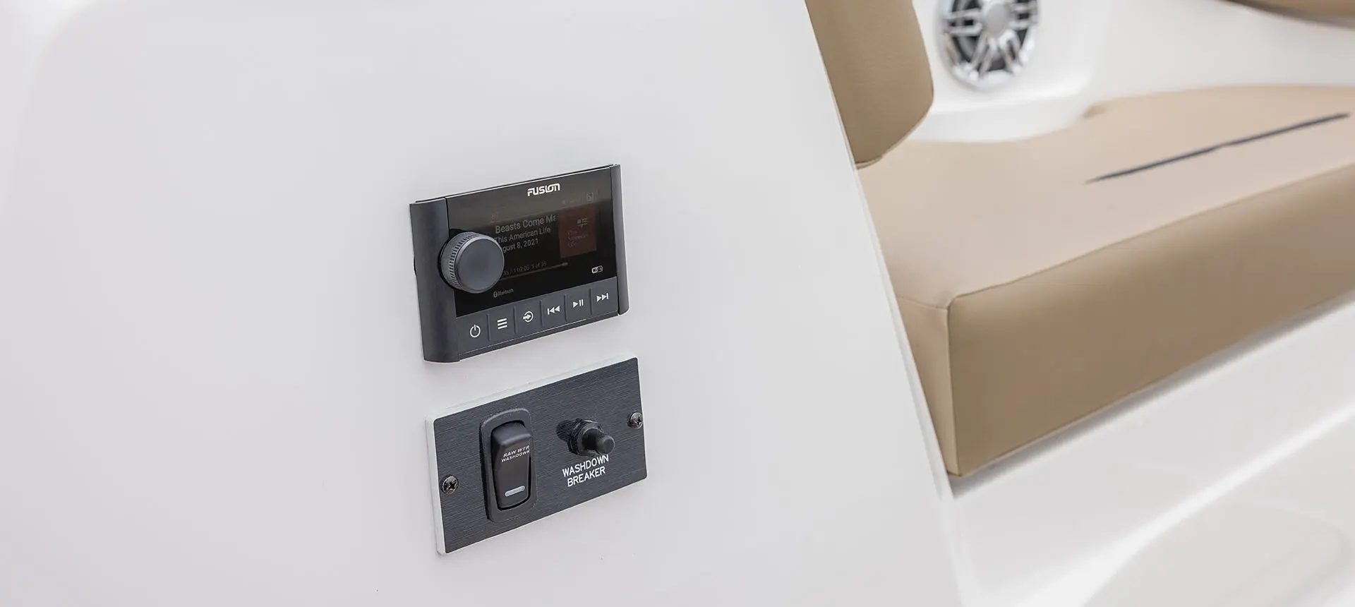 Fusion audio system on a Hurricane SunDeck Sport I/O deck boat.