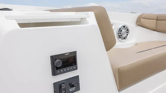 Fusion audio system on a Hurricane SunDeck Sport I/O deck boat.