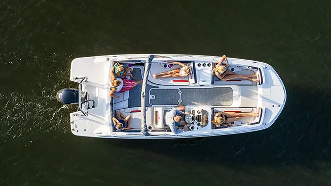 Aerial view of the layout on a Hurricane SunDeck Sport OB boat.