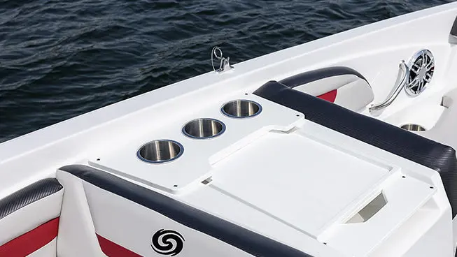 Cup holders and wash station on a Hurricane SunDeck Sport OB boat.