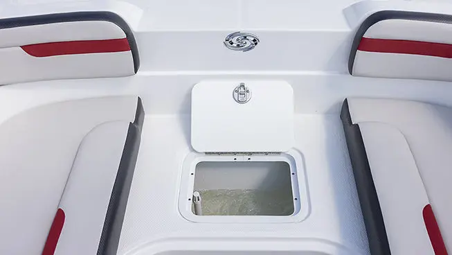 Integrated livewell on a Hurricane SunDeck Sport OB boat.