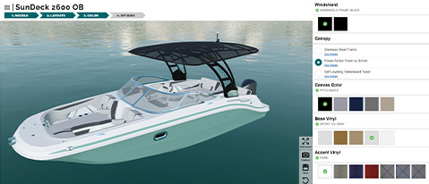 Du concept à la réalité. Une capture d’écran du configurateur Hurricane à côté d’un bateau terminé.