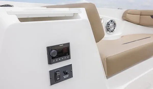 Fusion audio interface on a Hurricane SunDeck Sport 205 IO deck boat.