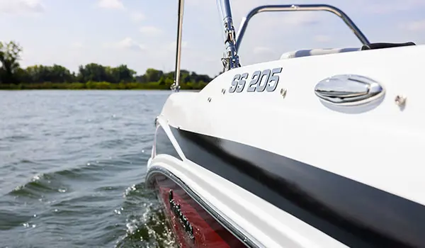SS 205 badging on a Hurricane SunDeck Sport 205 OB deck boat.