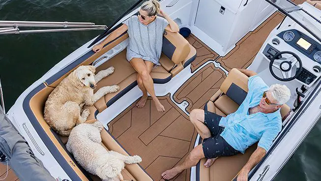 aerial view of a couple and their 2 dogs on the stern seating on a hurricane sundeck ob boat