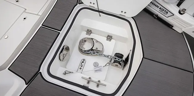 Overhead view of the anchor reel on a Hurricane Center Console fishing deck boat.