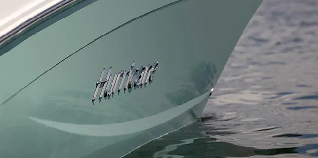 Close up of the badging on a Hurricane Center Console fishing deck boat.