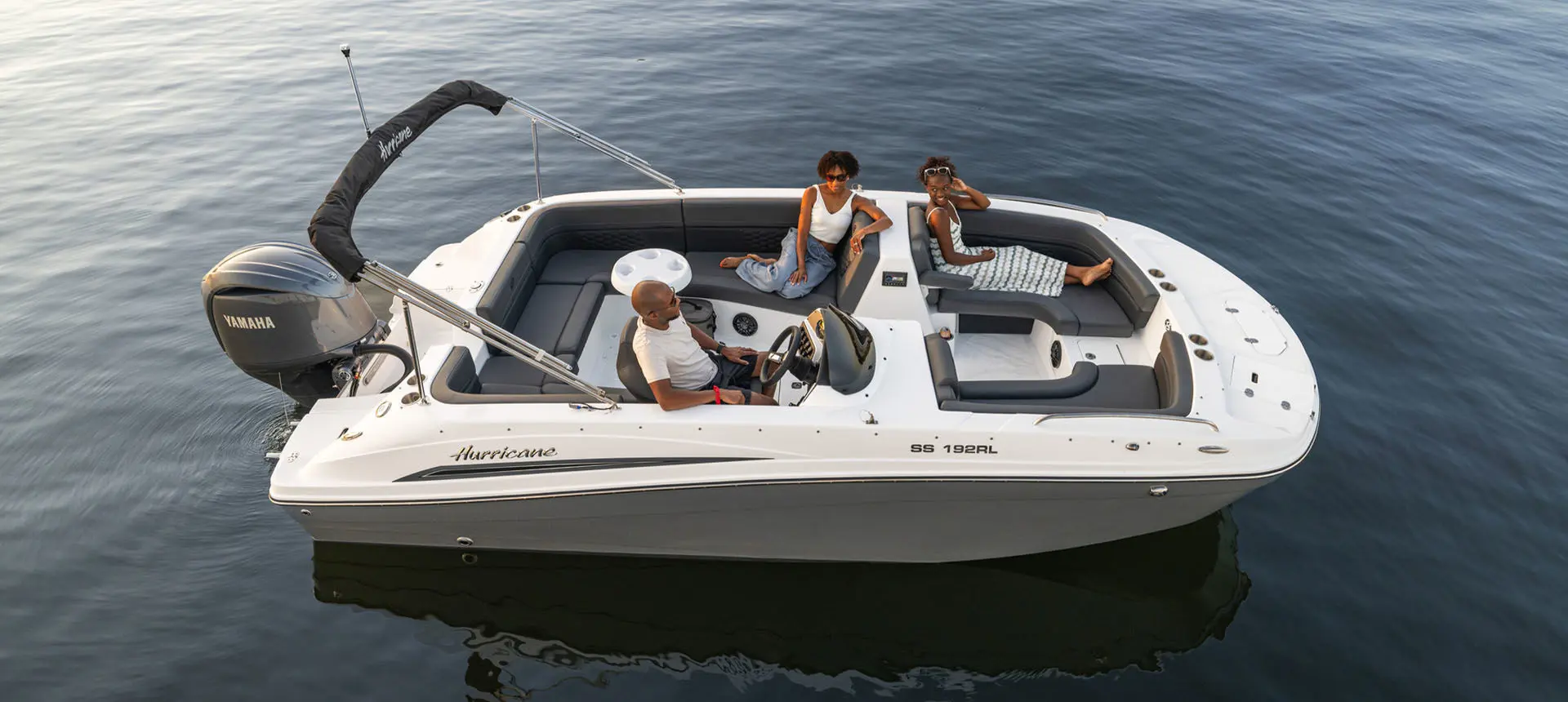 Overhead view of family parked on lake in a Hurricane Sundeck Sport 192 RL OB.
