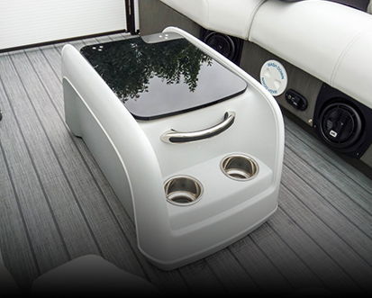 Bow cooler table on a deck boat. 
