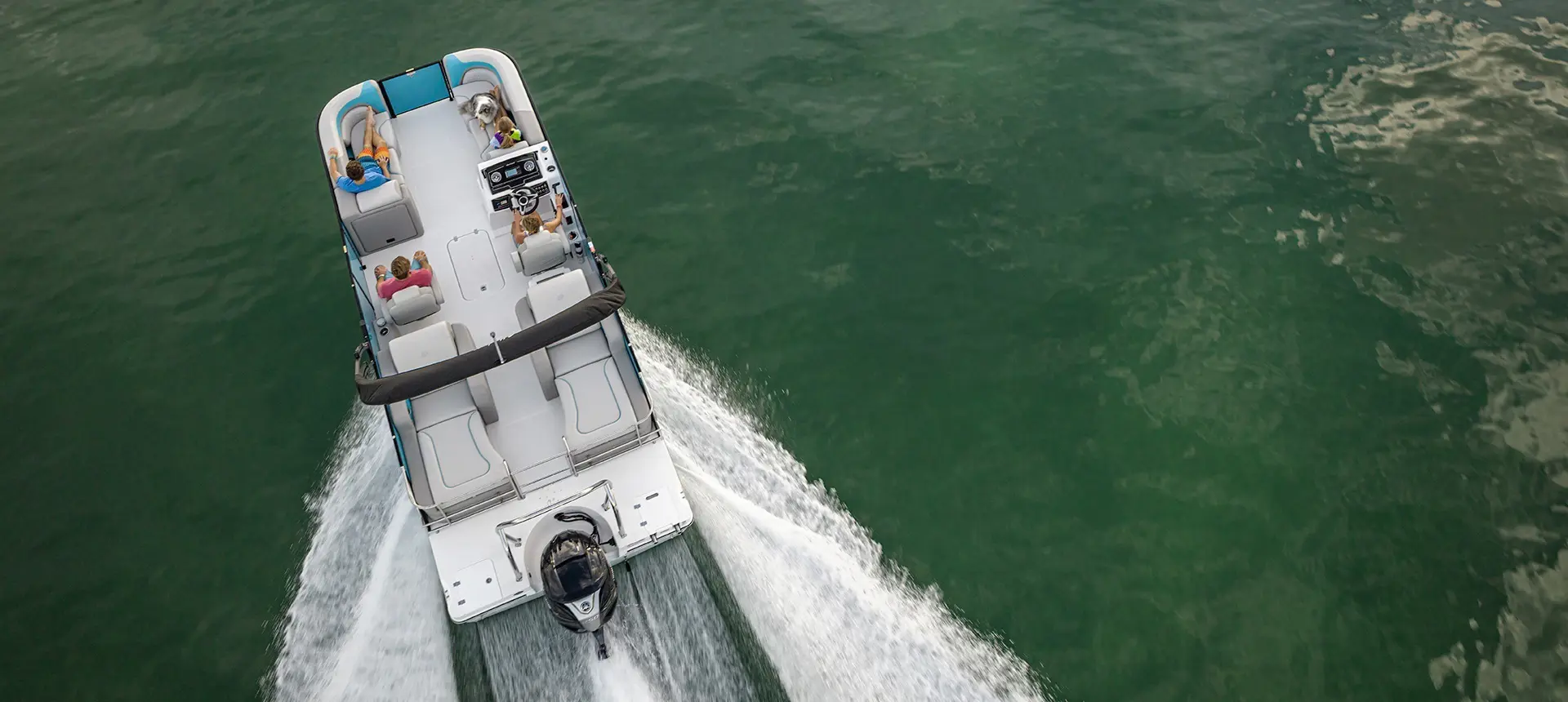 Overhead view of a spacious Hurricane Outboard deck boat.