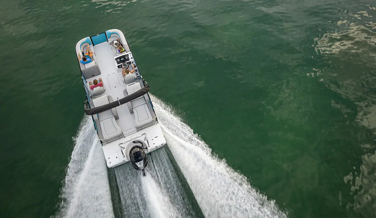 Overhead view of a spacious Hurricane Outboard deck boat.