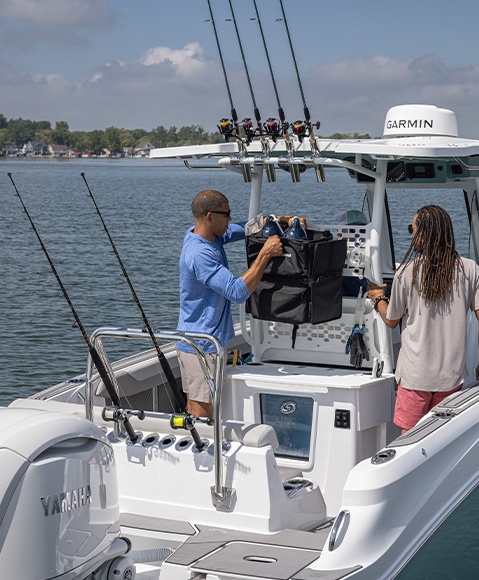 Fishing rod storage on a Hurricane Center Console boat.