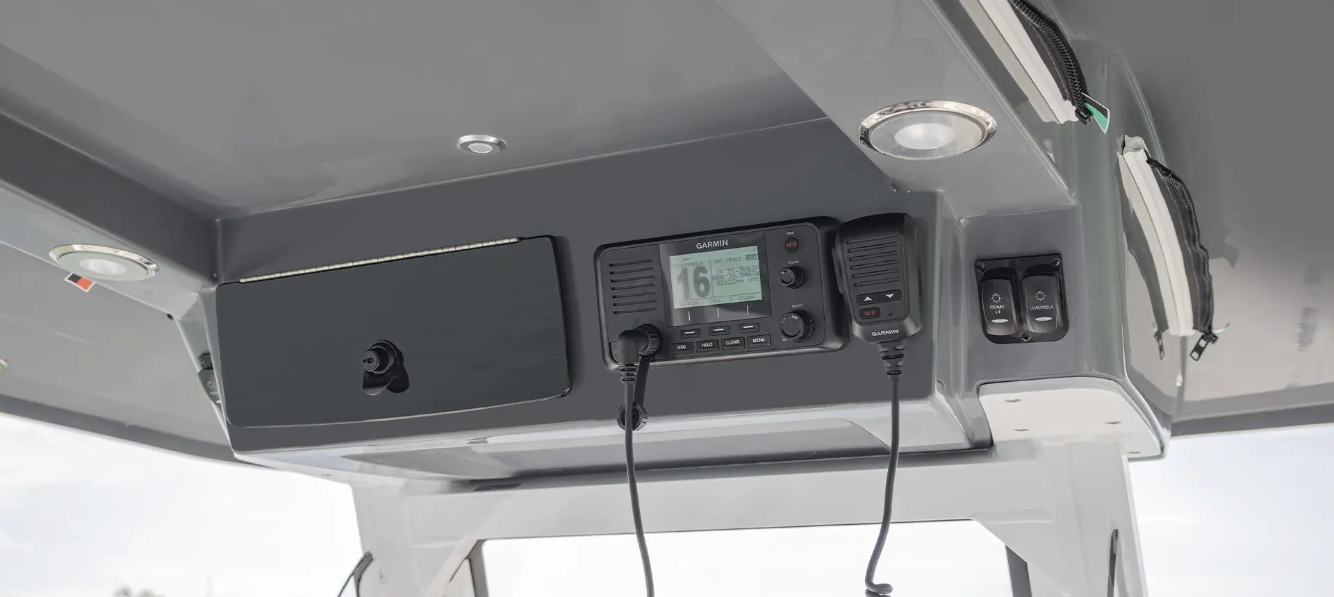 Garmin radio detail on a Hurricane Center Console boat.