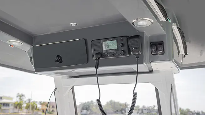 Garmin radio detail on a Hurricane Center Console boat.
