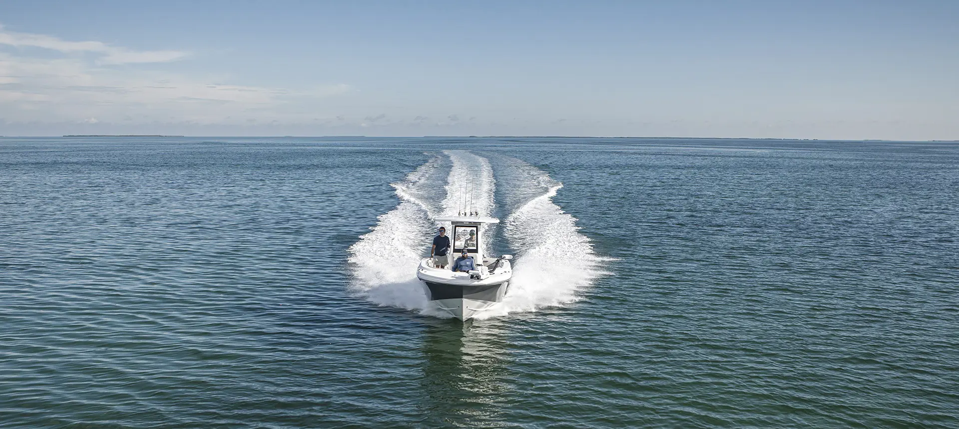 Front view of a fishing Hurricane Center Console boat.