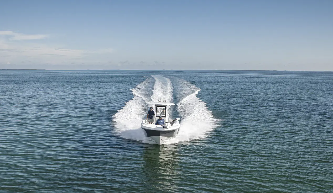 Front view of a fishing Hurricane Center Console boat.