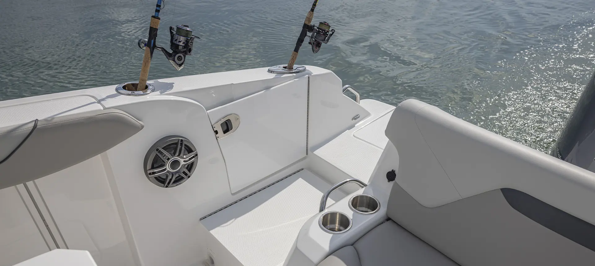 Fishing storage compartments on a Hurricane Center Console boat.