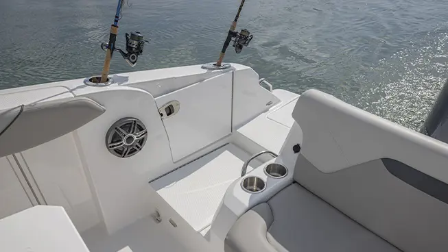 Fishing storage compartments on a Hurricane Center Console boat.