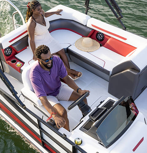 Overhead view of social l-shaped layout on a Hurricane FunDeck boat.