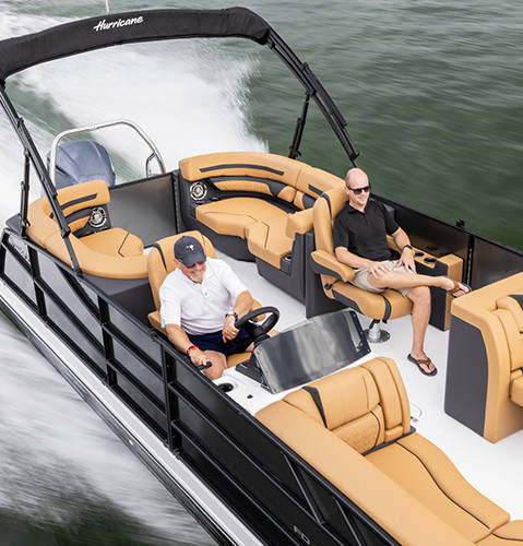 Overhead view of split bench seating and storage on a Hurricane FunDeck boat.