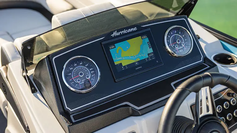 Digital dashboard detail on a Hurricane FunDeck boat.