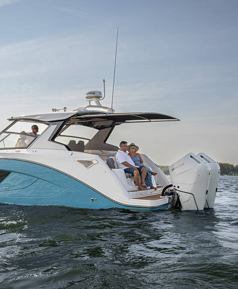 Overhead power shade on a Hurricane 3200 Outboard boat.