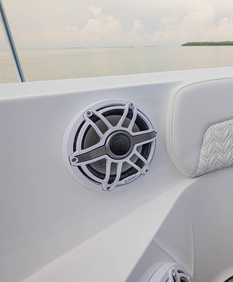 JL audio system detail on a Hurricane 3200 Outboard boat.