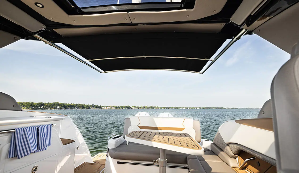 Rear seating detail on a Hurricane 3200 Outboard boat.