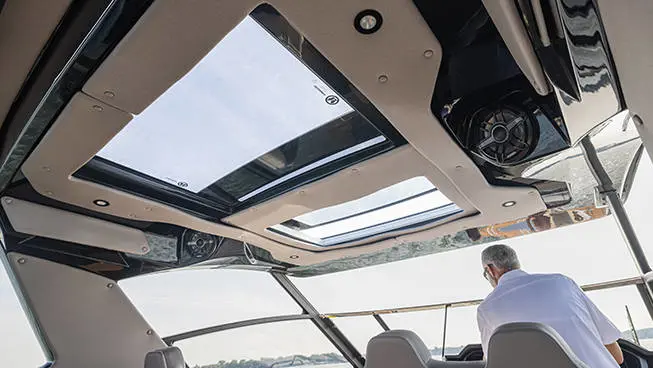 Overhead roof on a Hurricane 3200 Outboard boat.