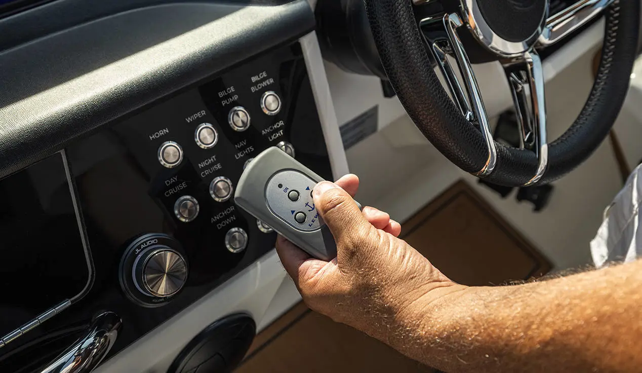 Anchor remote for a Hurricane 3200 Outboard boat.