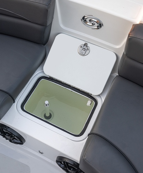 Concealed livewell on a Hurricane SunDeck Sport boat.