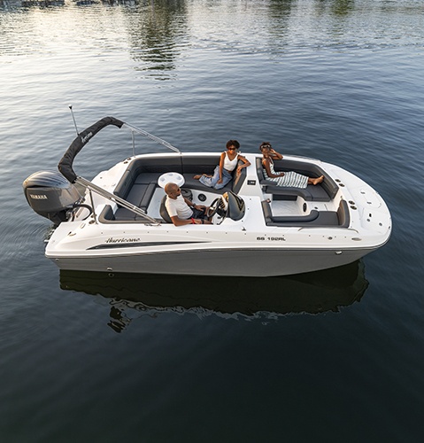Overhead view of comfortable seating and cool touch upholstery on a Hurricane SunDeck Sport boat.