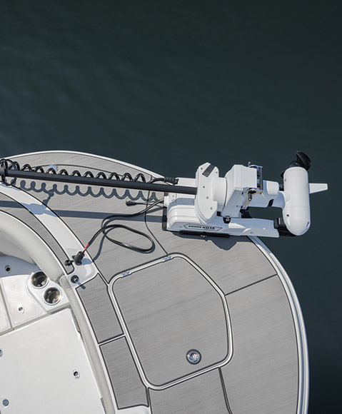 Trolling motor on a Hurricane fishing boat. 