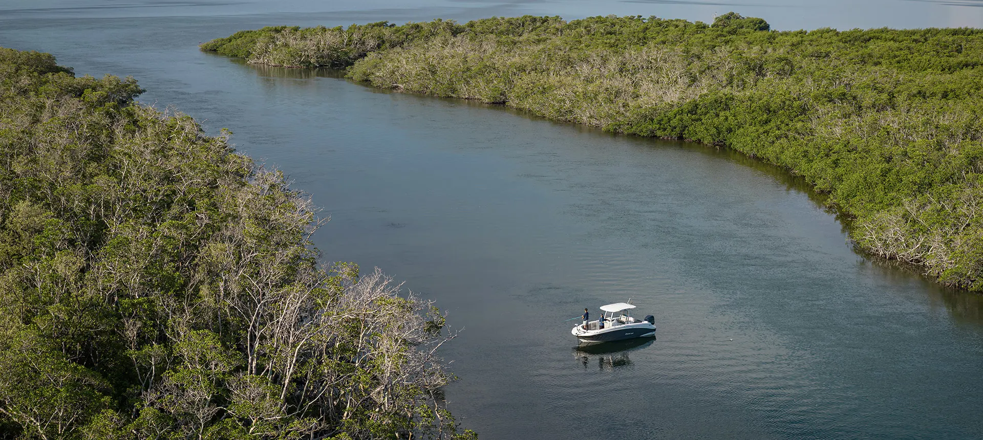 Aerial view of a family fishing on a Hurricane fishing boat.