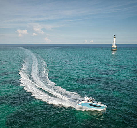 Overhead view of a speeding Hurricane ocean boat with Coastal Edition package. 