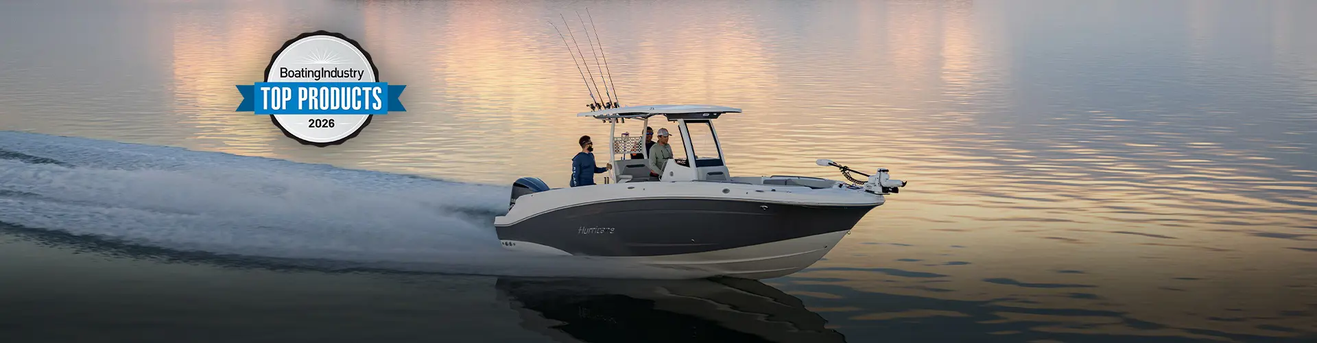Hurricane deck boat cruising across calm water at sunset, with anglers onboard, fishing rods mounted overhead, and a Boating Industry Top Products 2026 badge displayed.
