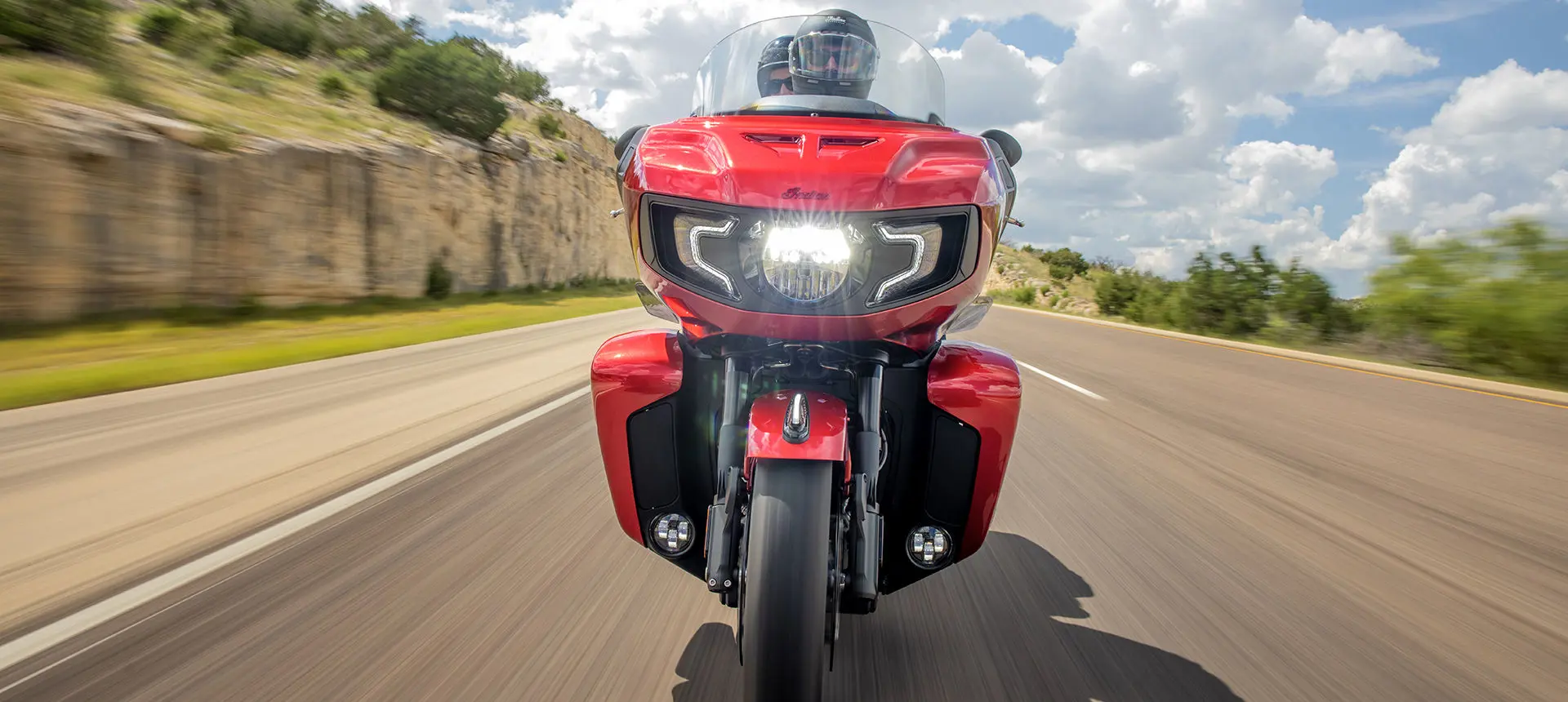front end of a indian pursuit motorcycle on a highway