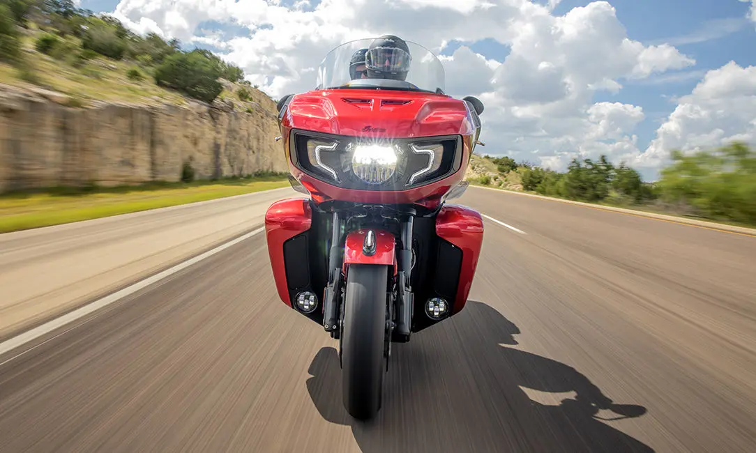 front end of a indian pursuit motorcycle on a highway