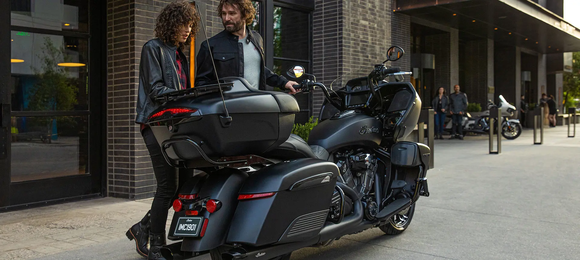 rear profile of an indian pursuit dark horse motorcycle