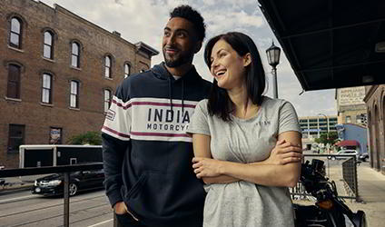 woman and man wearing authentic indian motorcycle clothing