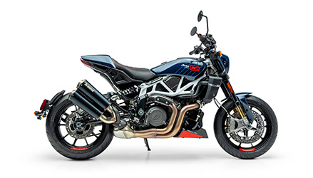 Side profile of a 2024 Indian FTR x 100% R Carbon standard motorcycle.
