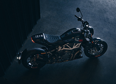 Aerial view of a 2024 Indian FTR x 100% R Carbon standard motorcycle.