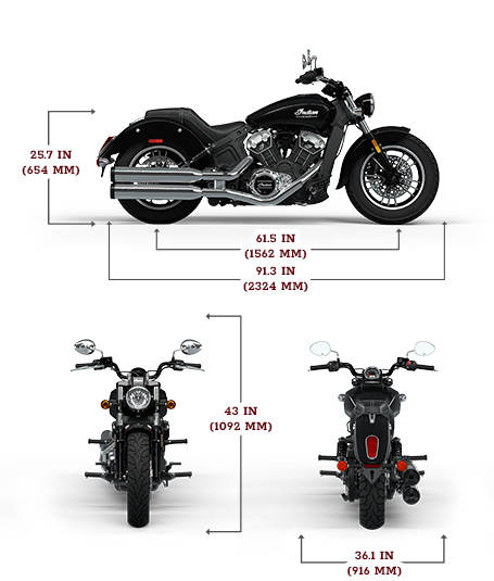 Vista lateral, delantera y trasera de la Indian Scout Classic Limited de 2025 mostrando las dimensiones de altura, ancho y longitud.
