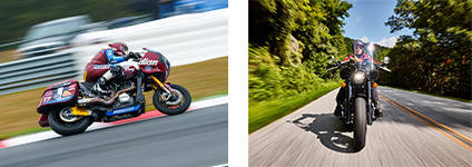 Indian Motorcycle Race team member competing in race at Daytona International Speedway during Daytona Bike Week.