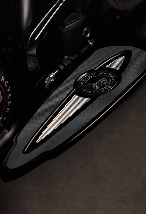 Closeup of the floorboards on a 2025 Indian Challenger Elite bagger motorcycle.