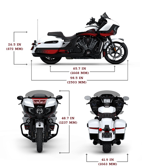 Side, front, and rear view of the 2025 Indian Challenger Elite with height, width and length dimensions.