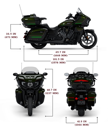 Side, front, and rear view of the 2025 Indian Pursuit Elite with height, width and length dimensions.