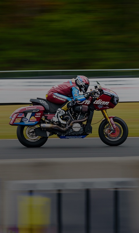 Indian Motorcycle racer comepeting in the King of The Bagger championship on an Indian Challenger Motorcycle.