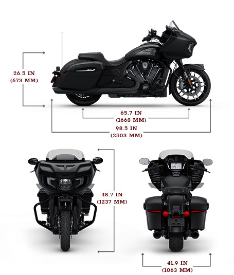 Side view of the 2025 Indian Challenger Dark Horse with 112 and PowerBand Audio Package motorcycle with height, width and length dimensions.